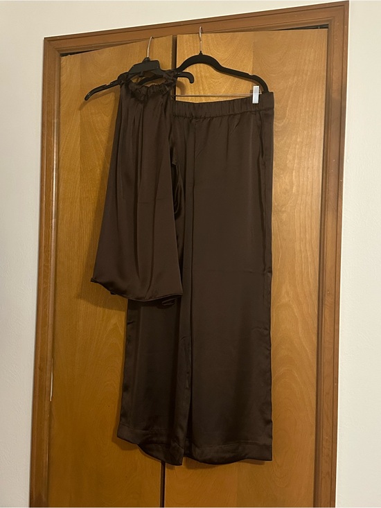 LOFT Pants - Wide-Leg Satin Pants set in Chocolate Brown